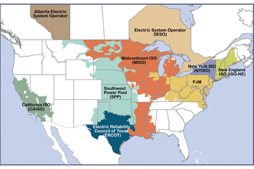 Map of wholesale electricity markets in USA and Canada