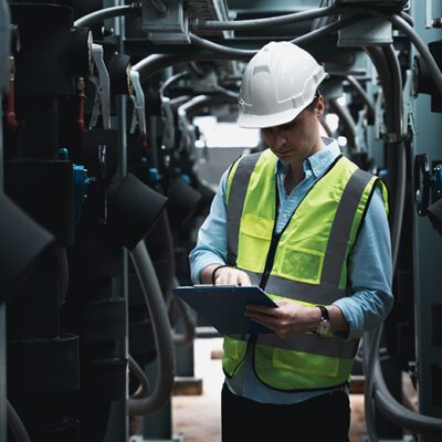 Engineers are inspecting a large building or industrial facility's cooling system for the air conditioning.