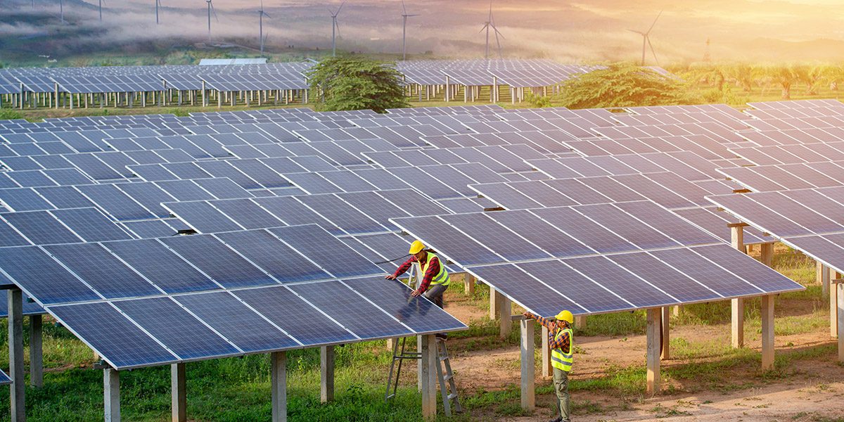 Engineering team inspecting or repairing solar cells on solar farms.