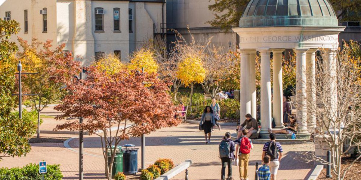 Students stroll around the campus of George Washington University