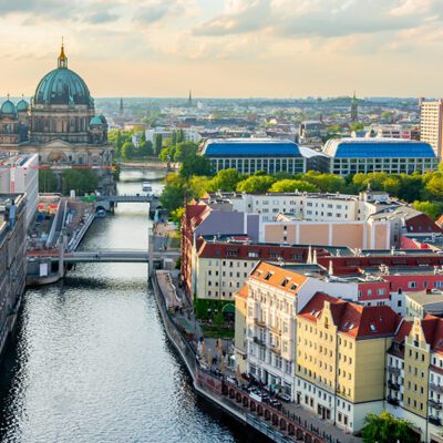 Berlin Cathedral (Berliner Dom) on Museum island and Spree river at sunset, Germany